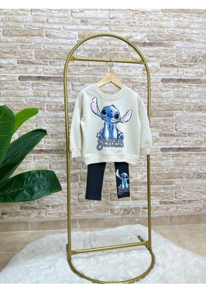 Ladin Store Yeni Sezon Kız Çocuk Baskılı Pamuklu Sweatshirt ve Fitilli Taytlı Alt-Üst Ikili Takım