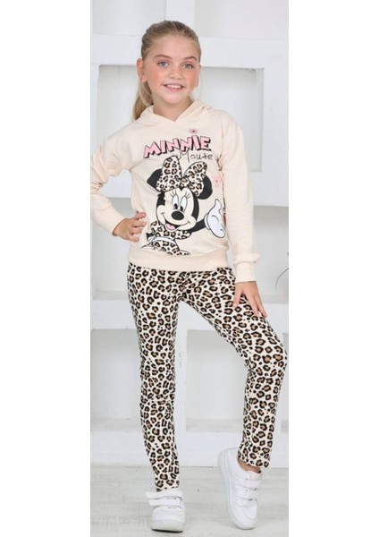 Kız Çocuk Kapüşonlu Mickey Karakter Baskılı Leopar Taytlı Sweatshirt Alt Üst Takım