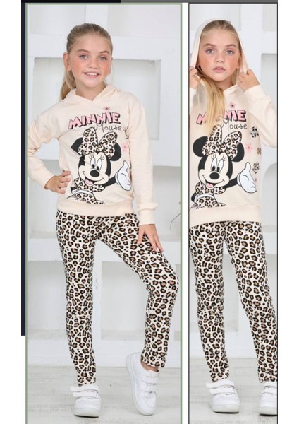 Kız Çocuk Kapüşonlu Mickey Karakter Baskılı Leopar Taytlı Sweatshirt Alt Üst Takım fiyatları