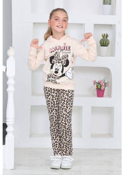 Kız Çocuk Kapüşonlu Mickey Karakter Baskılı Leopar Taytlı Sweatshirt Alt Üst Takım modelleri