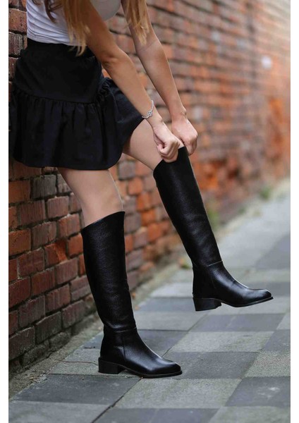 Lizbon Gerçek Deri Arkadan Fermuarlı Siyah Çizme