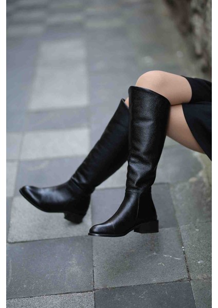 Lizbon Gerçek Deri Arkadan Fermuarlı Siyah Çizme fiyatları