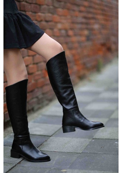 Lizbon Gerçek Deri Arkadan Fermuarlı Siyah Çizme modelleri