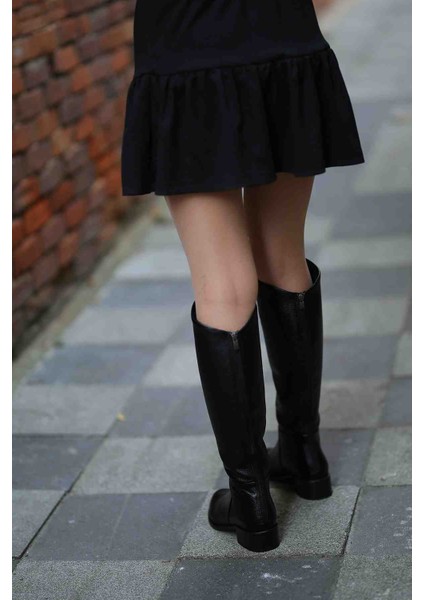 Lizbon Gerçek Deri Arkadan Fermuarlı Siyah Çizme fırsatları