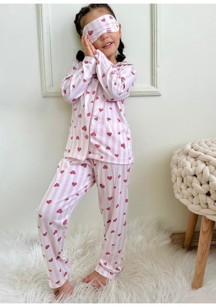 Lolli Boom Kids  Kız Çocuk Gömlek Yaka Düğme Kapamalı Pijama Takımı Çizgili Kalp Desen Toz Pembe