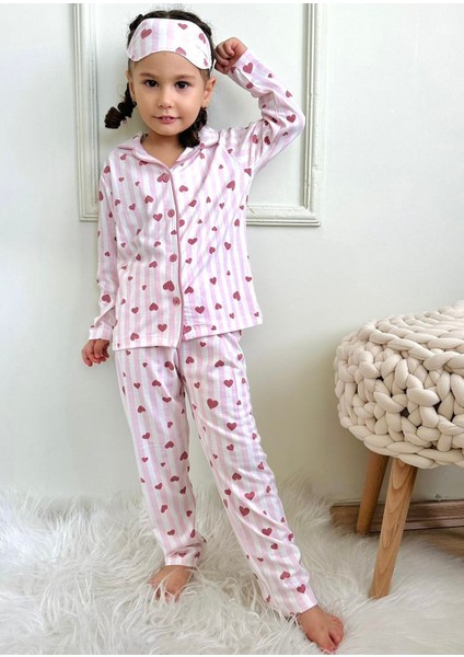 Lolli Boom Kids  Kız Çocuk Gömlek Yaka Düğme Kapamalı Pijama Takımı Çizgili Kalp Desen Toz Pembe