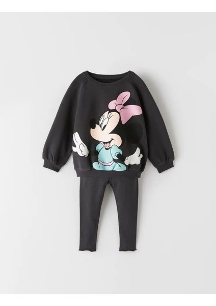 Ladin Store Yeni Sezon Kız Çocuk Minnie Mouse Baskılı Pamuklu Sweatshirt ve Fitilli Taytlı Alt-Üst 2'li Takım