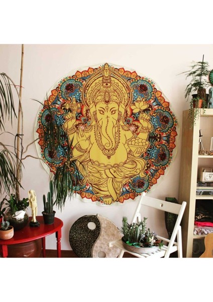 Yuvarlak Sarı Ganesha Duvar Örtüsü, 75x75 cm, Renkli ve Şık Dekoratif Tasarım