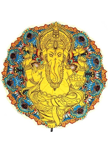 Yuvarlak Sarı Ganesha Duvar Örtüsü, 75x75 cm, Renkli ve Şık Dekoratif Tasarım