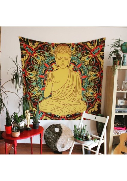 Buddha ve Mandala Desenli Kare Duvar Örtüsü, Polyester, Beyaz Renk