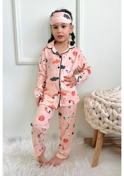 Kız Çocuk Kuzu Bulut Ay Figür Baskı Desenli Somon Düğmeli Pijama Takımı