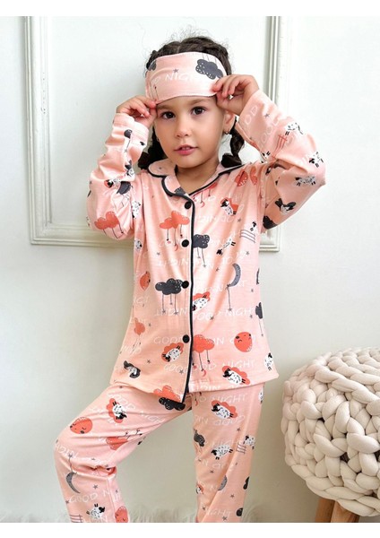 Kız Çocuk Kuzu Bulut Ay Figür Baskı Desenli Somon Düğmeli Pijama Takımı