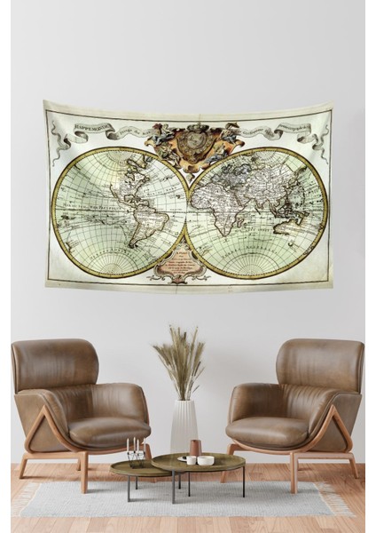 Antik Dünya Haritası Duvar Halısı 140x100 cm Bej Dikdörtgen Ebat