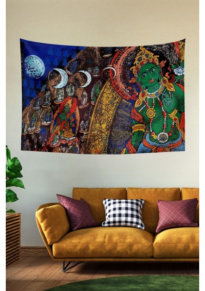 Yeşil Etnik Desenli Thangka ve Mandala Bohem Duvar Halısı 70x100 cm