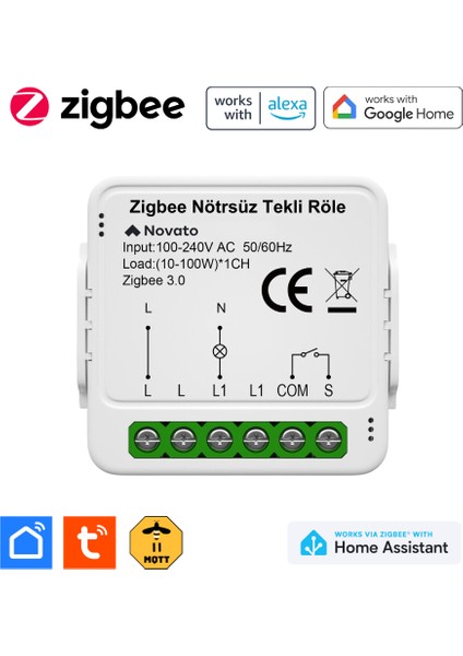 Zigbee Tek Çıkışlı Nötrsüz Akıllı Röle ( Tuya - Smart Life Uyumlu )