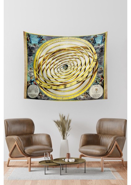 Antik Dünya Gökbilim Haritası Duvar Halısı 70x90 cm, Sarı, Dikdörtgen
