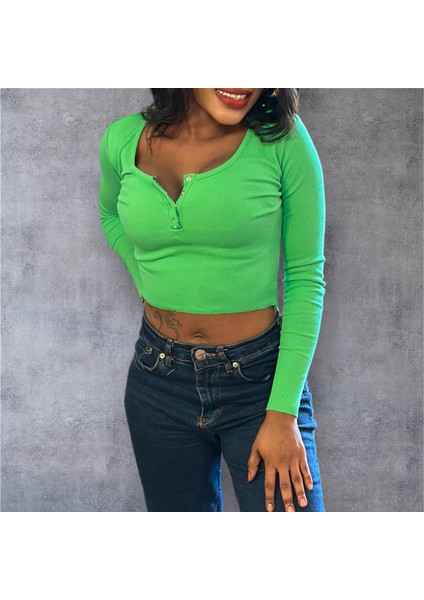 Havuz Yaka Kesim Çıtçıt Yakalı Pamuk Kaşkorse Crop Body / Bluz Yeşil Renk