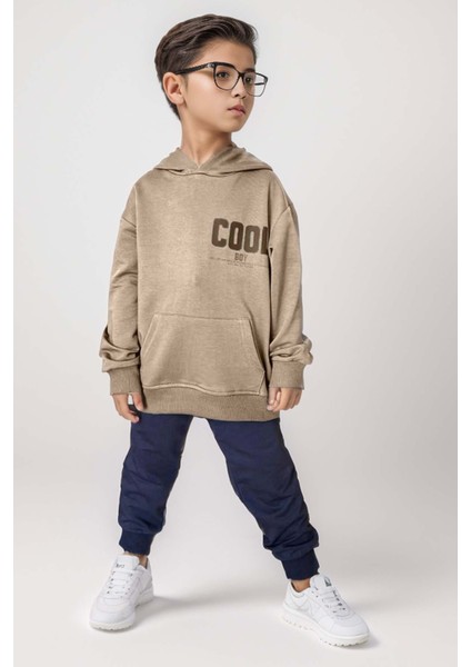 Erkek Çocuk Cool Boy Çift Baskılı Cepli Kapüşonlu Bej Sweatshirt Eşofman Takım