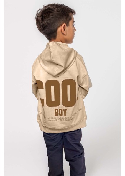 Erkek Çocuk Cool Boy Çift Baskılı Cepli Kapüşonlu Bej Sweatshirt Eşofman Takım