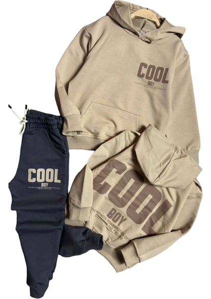 Erkek Çocuk Cool Boy Çift Baskılı Cepli Kapüşonlu Bej Sweatshirt Eşofman Takım