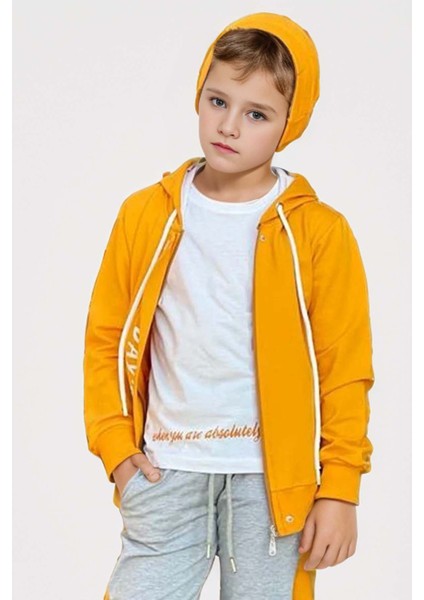 Erkek Çocuk Üzeri Todays Mod Yazı ve Şerit Detaylı Kapüşonlu Hardal Eşofman Takım modelleri
