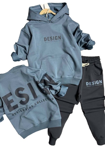 Erkek Çocuk Sırt Baskılı Design Kapüşonlu Sweatshirt Likralı Lacivert Eşofman Takım