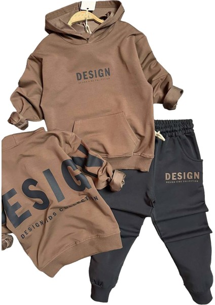 Erkek Çocuk Sırt Baskılı Design Kapüşonlu Sweatshirt Likralı Kahverengi Eşofman Takım