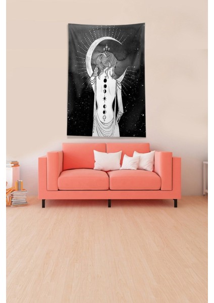 Siyah Ay Dövmeli Kız Leke Tutmaz Kadife Kumaş Duvar Örtüsü Duvar Halısı Tapestry
