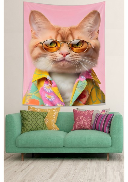 Gözlüklü Kedi Leke Tutmaz Kumaş Duvar Örtüsü Duvar Halısı Tapestry
