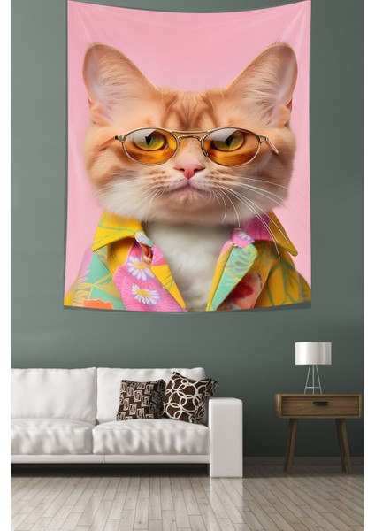 Gözlüklü Kedi Leke Tutmaz Kumaş Duvar Örtüsü Duvar Halısı Tapestry