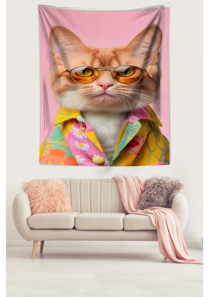 Gözlüklü Kedi Leke Tutmaz Kumaş Duvar Örtüsü Duvar Halısı Tapestry