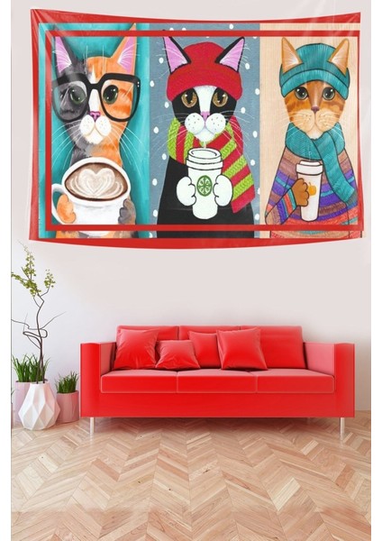 Kedi Desenli Renkli Kadife Kumaş Duvar Örtüsü, 150x100 cm, Dikdörtgen, Çok Renkli