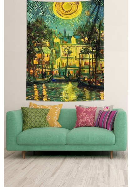Yıldızlı Geceler Temalı Duvar Örtüsü, Sarı-Yeşil-Mavi, Dikdörtgen, Renkli Tapestry