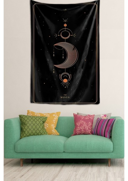 Kadife Dokulu Ay Desenli Duvar Örtüsü 100x140 Siyah Gold, Dikdörtgen