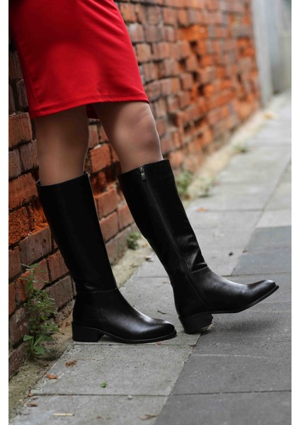(Justin) Gerçek Siyah Flotter Deri Fermuarlı Alçak Topuklu Kadın Çizme fiyatları
