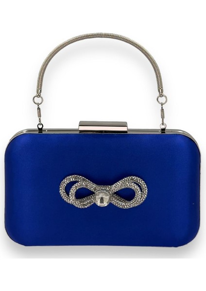 Saks Renk Saten Gümüş Kasalı Saplı Kulplu Gümüş Taşlı Abiye Gece Çantası Düğün Nişan Clutch