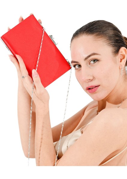 Kırmızı Renk Saten Taşlı Kasa Abiye Çanta Gece Çantası Düğün Nişan Çantası