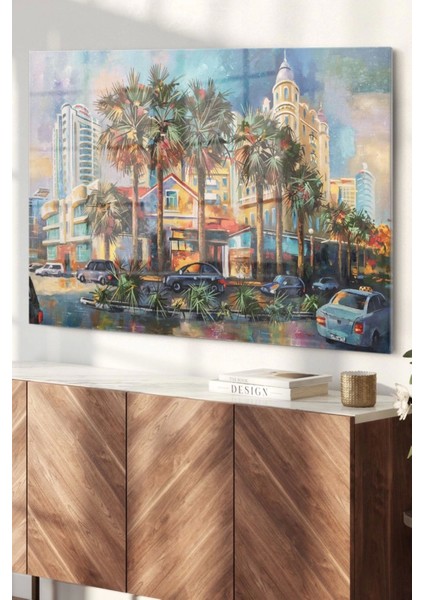 Teknoo- Palmiye Ağaçları ve Şehir | Şehir Temalı Cam Tablo | 50X70 cm