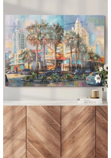 Teknoo- Palmiye Ağaçları ve Şehir | Şehir Temalı Cam Tablo | 50X70 cm fiyatları