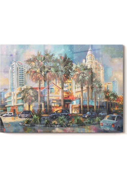 Teknoo- Palmiye Ağaçları ve Şehir | Şehir Temalı Cam Tablo | 50X70 cm fırsatları