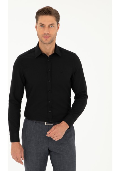 Pierre Cardin Erkek Siyah Slim Fit Armürlü Uzun Kollu Gömlek 50298055-VR046