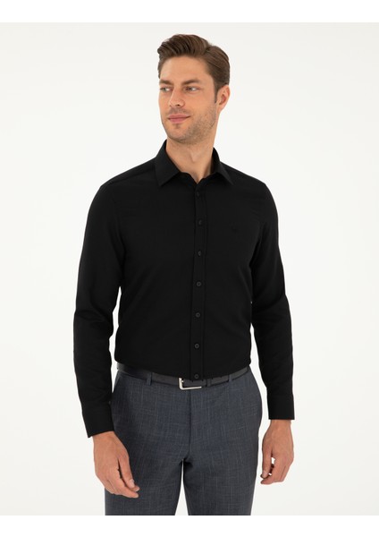 Pierre Cardin Erkek Siyah Slim Fit Armürlü Uzun Kollu Gömlek 50298055-VR046