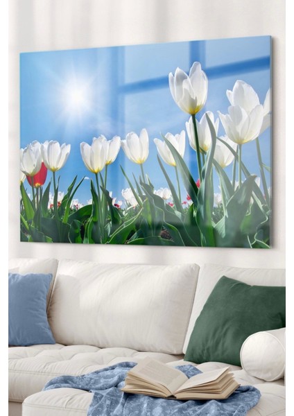 Teknoo- Beyaz Lale | Çiçek Temalı Cam Tablo | 50X70 cm