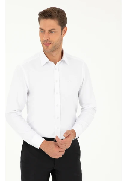 Pierre Cardin Erkek Beyaz Slim Fit Armürlü Uzun Kollu Gömlek 50298071-VR013