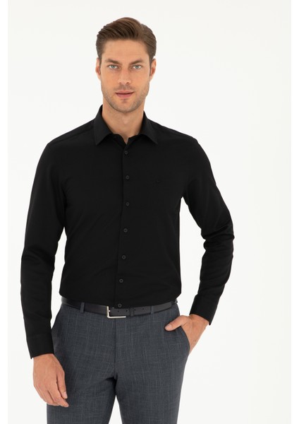 Pierre Cardin Erkek Siyah Armürlü Slim Fit Uzun Kollu Gömlek 50298040-VR046