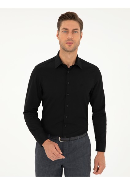 Pierre Cardin Erkek Siyah Armürlü Slim Fit Uzun Kollu Gömlek 50298040-VR046