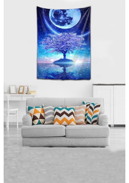 Mavi Yıldızlar Ay Temalı Duvar Örtüsü 70x100 cm, Dikdörtgen, Yıkanabilir, Leke Tutmaz
