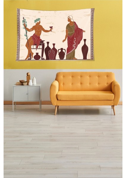 Bej-Kahve Kadife Dokulu Duvar Örtüsü 140x230, Antik Yunan Tanrısı Desenli