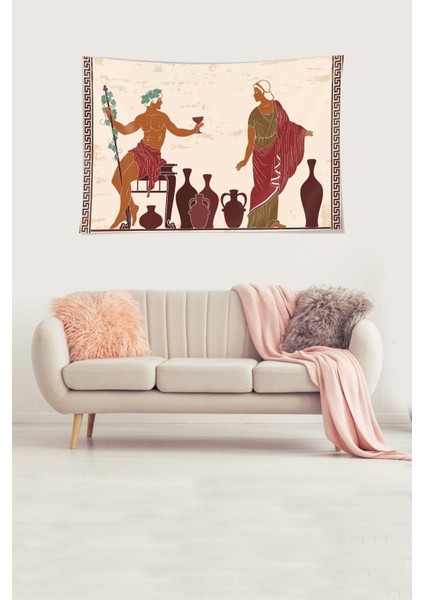 Bej-Kahve Kadife Dokulu Duvar Örtüsü 140x230, Antik Yunan Tanrısı Desenli