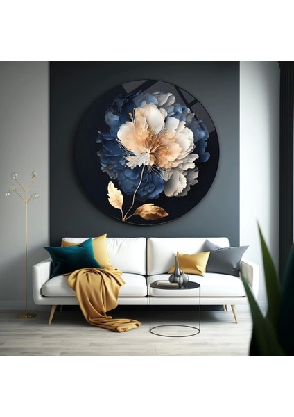 Teknoo- Mavi Beyaz Çiçek Yuvarlak Cam Tablo fiyatları